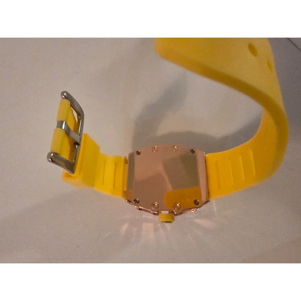Rose Gold Tone Skeleton Dial Watch Yellow Silicone Strap Tonneau Case Sport